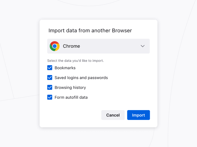 ภาพของกล่องโต้ตอบตัวช่วยนำเข้า Firefox ซึ่งแสดงตัวเลือกในการนำเข้าการตั้งค่าและข้อมูลจากเบราว์เซอร์อื่น