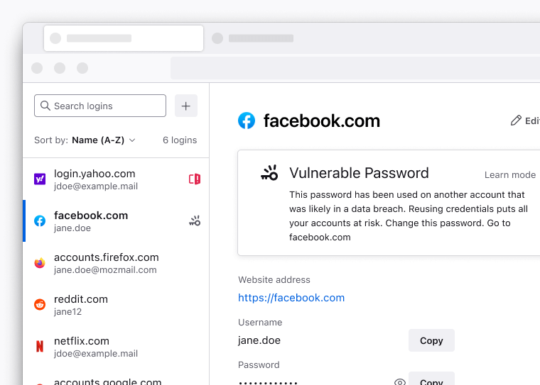 ภาพของตัวจัดการรหัสผ่านใน Firefox ที่แสดงข้อความแจ้งเตือนว่า “รหัสผ่านนี้ถูกใช้กับบัญชีอื่นที่อาจพบในข้อมูลรั่วไหล การใช้ข้อมูลรับรองซ้ำจะทำให้บัญชีทั้งหมดของคุณมีความเสี่ยง โปรดเปลี่ยนรหัสผ่านนี้”